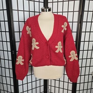 Luna Ivy Red Gingerbread Patch Cardigan Buttoned Sweater